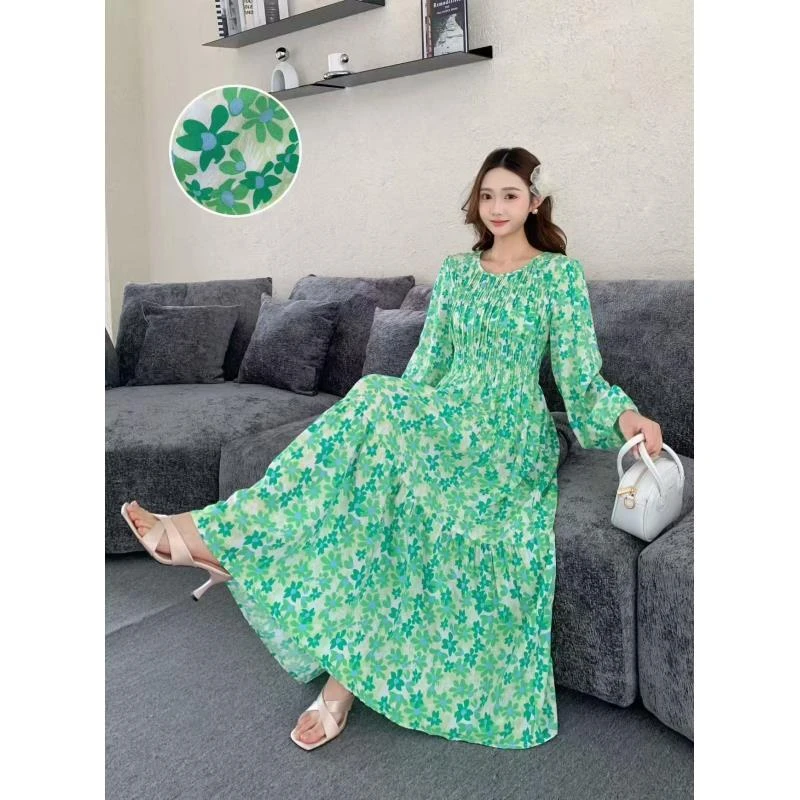 （编号15）法式不褪色常规圆领连衣裙显瘦时尚印花