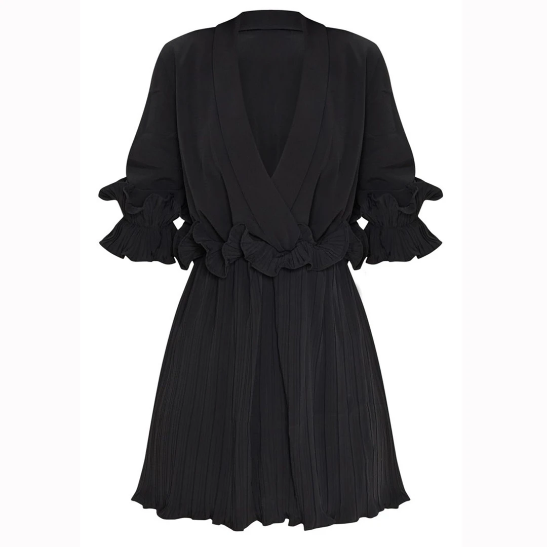 连衣裙显瘦气质时尚性感黑色法式收腰系带显瘦气质时尚性感黑色