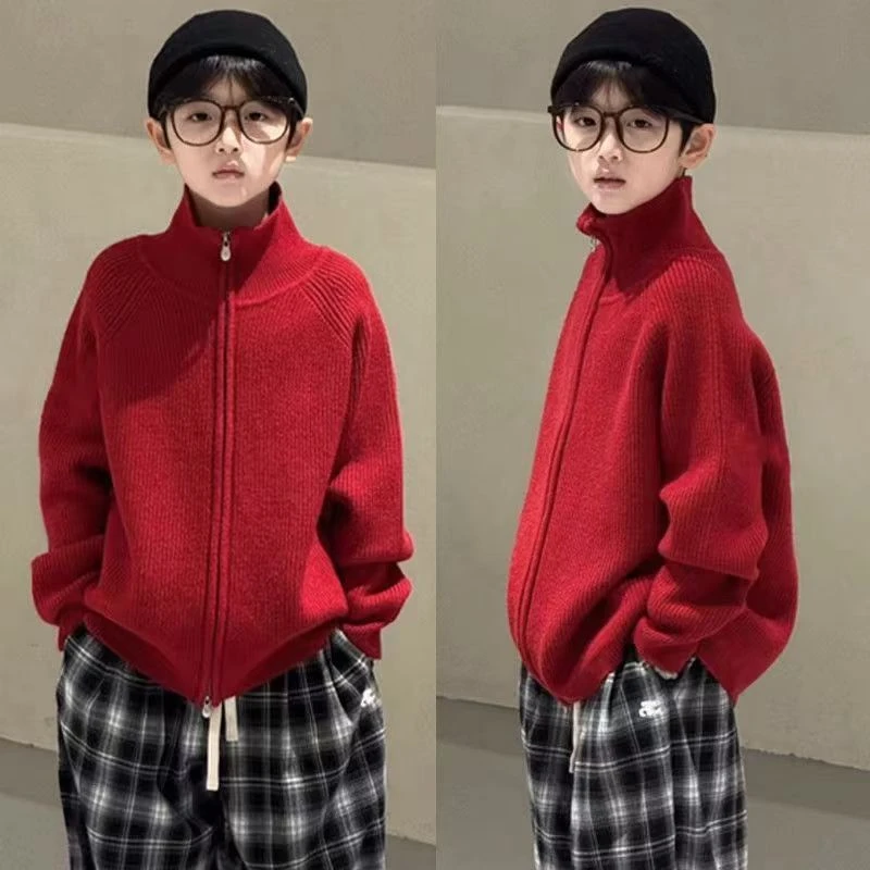 男童立领针织外套秋冬毛衣2025韩版儿童洋气针织衫女童拉链衫内搭