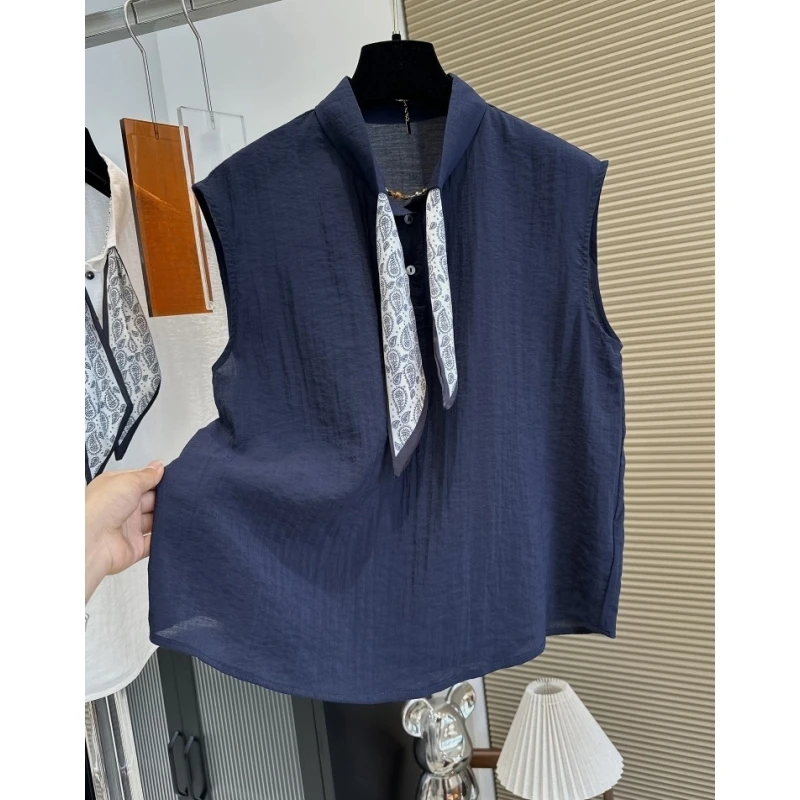 巨好看翻领丝巾无袖背心吊带女夏季爆款通勤漂亮宽松薄款时尚上衣