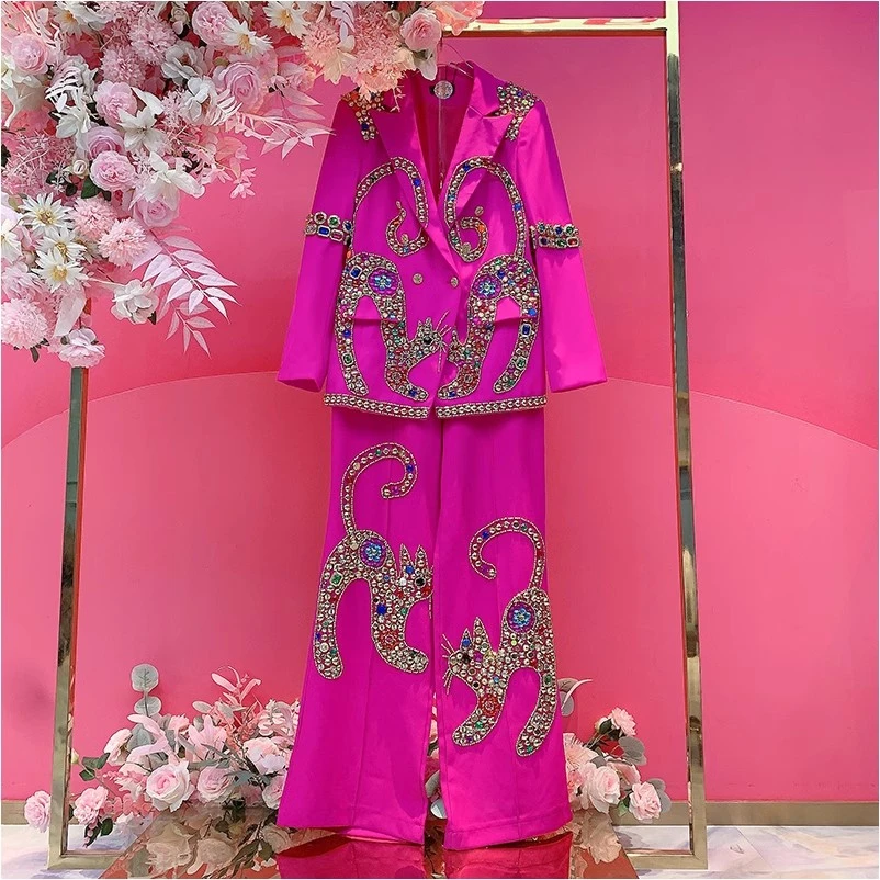 QD1224欧美设计师2025早春新款重工彩色钉钻刺绣时尚修身西服套装