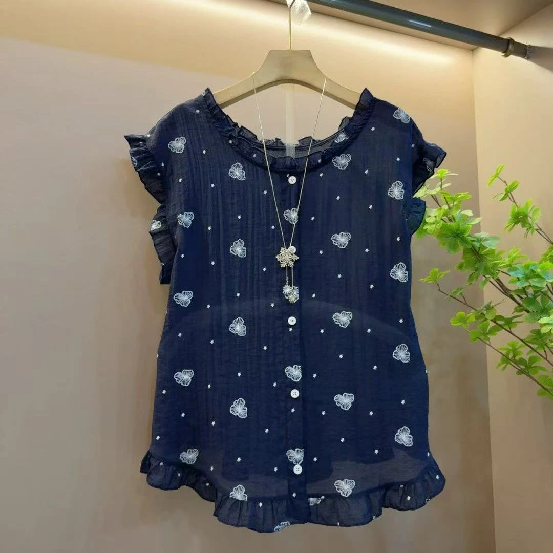 大码女装—5299夏季韩版木耳边甜美背心无袖衬衫女宽松显瘦百搭