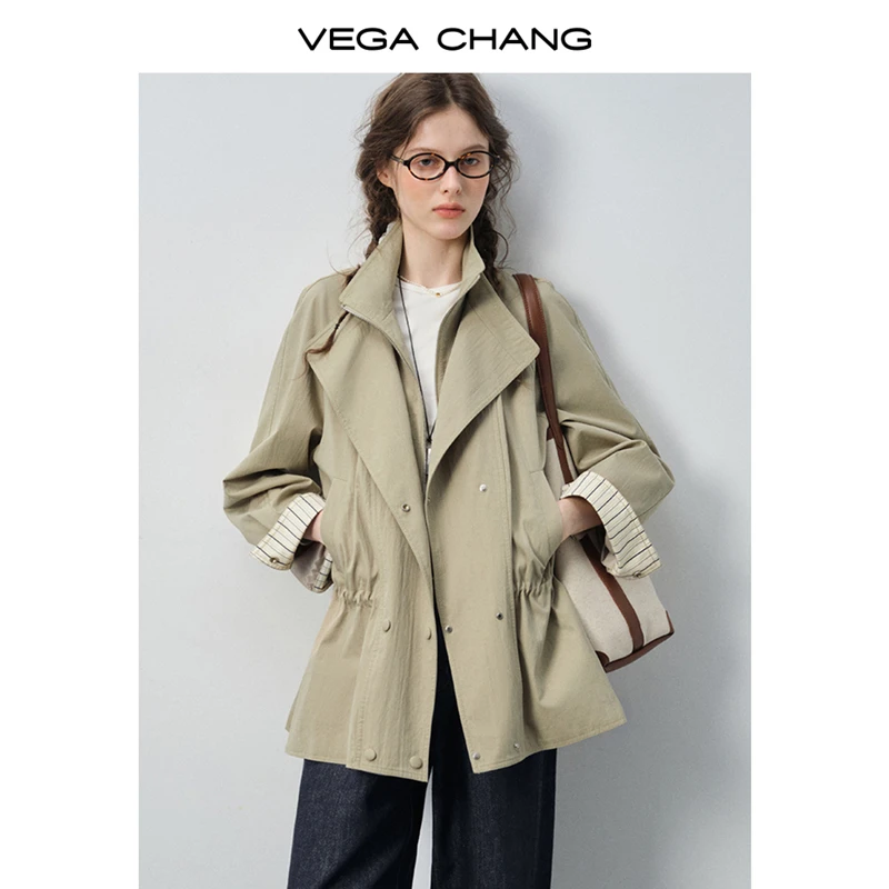 VEGA CHANG风衣女小个子2025新款秋季袖口条纹拼接宽松外套0113XT
