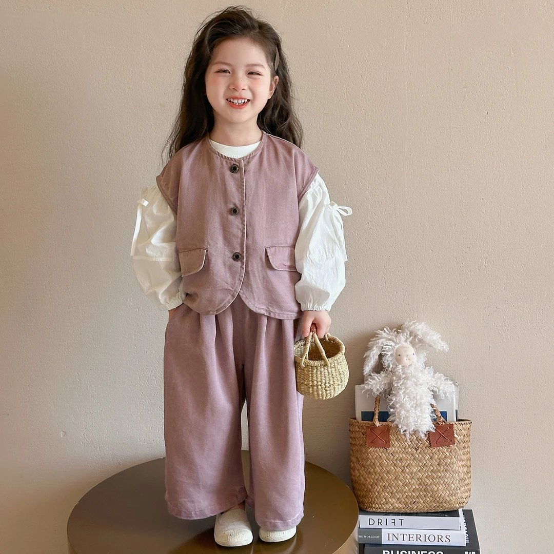 女童套装秋季2025新款儿童马甲阔腿裤韩版三件套宝宝春秋时髦衣服