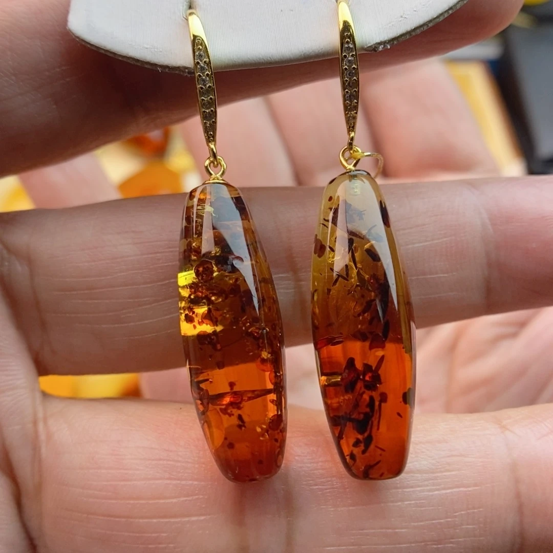 银S925镀金镶嵌琥珀耳饰凤**馨