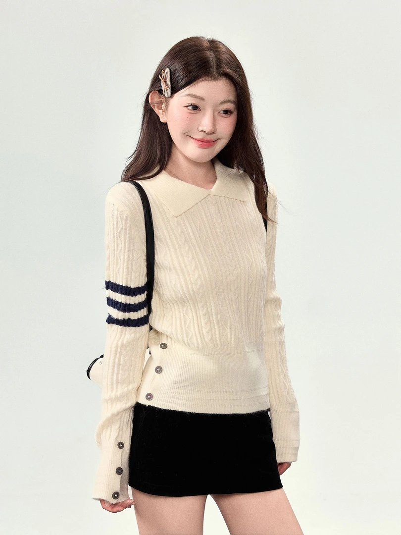 polo领翻领麻花长袖毛衣针织衫女秋冬季修身短款内搭打底新款上衣