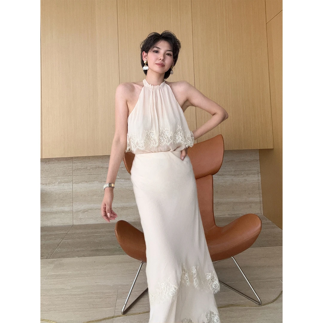 Daily romance25夏法式双层顺宇列维斯蕾丝挂脖露背上衣/半裙