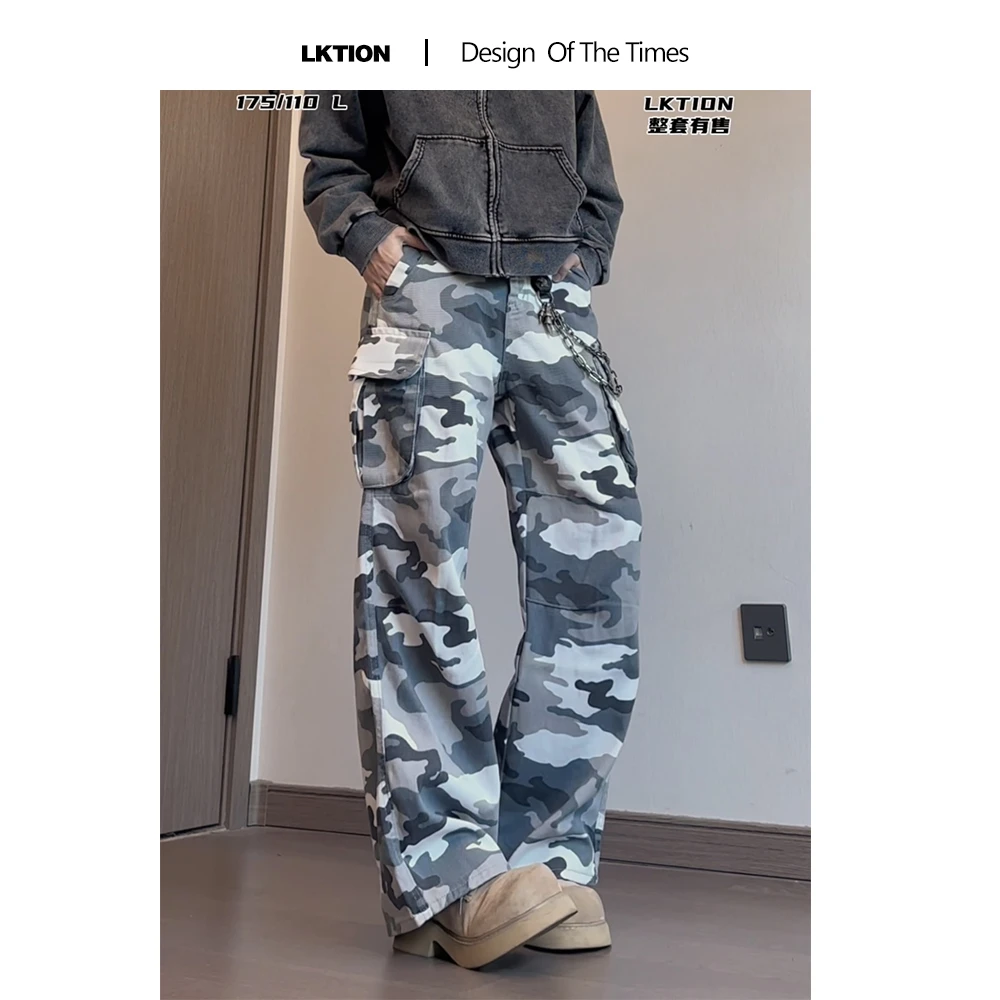 LK正品 美式复古多口袋灰白迷彩工装裤男女水洗做旧宽松直筒裤子
