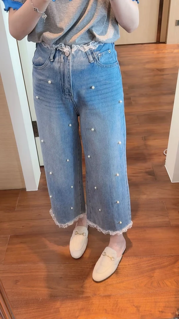 【张静芝】拼接精致蕾丝花边重工钉珠夏季阔腿显瘦牛仔裤