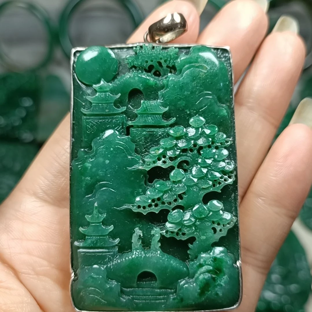 银S925镶嵌独山玉山水挂件