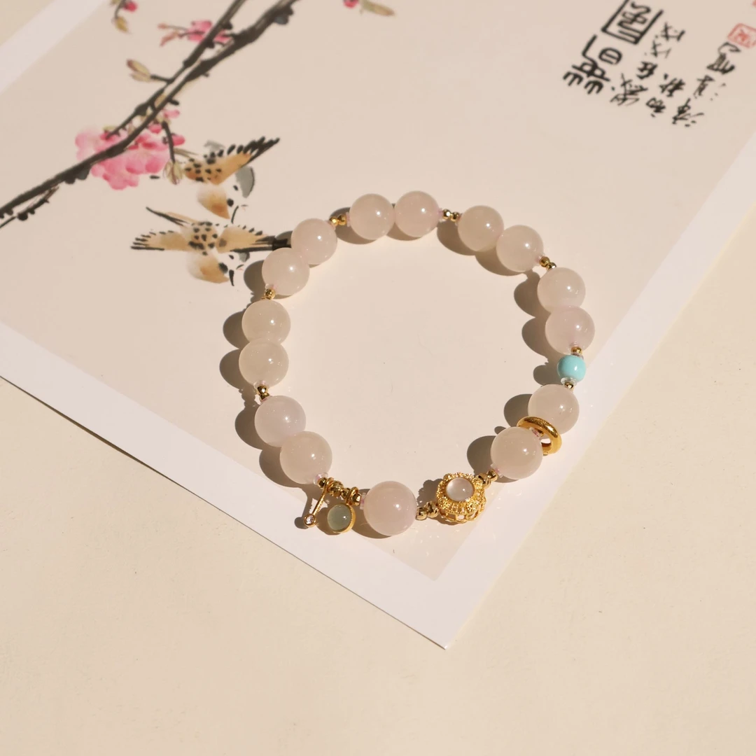 【红藕】和田玉手链*8mm*18k金镶嵌*翡翠*绿松石