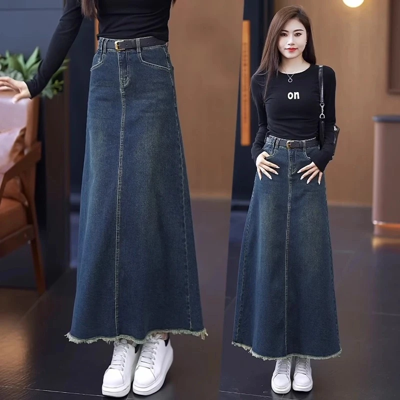 高品质牛仔半身裙女2025新款春秋季Aa字裙深蓝色不开叉弹力长裙子