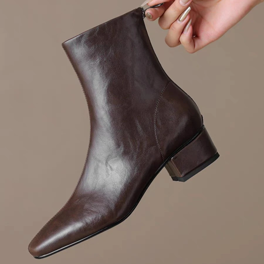 真皮2025新款中跟粗跟短靴子女春秋单靴复古棕色后拉链方头瘦瘦靴