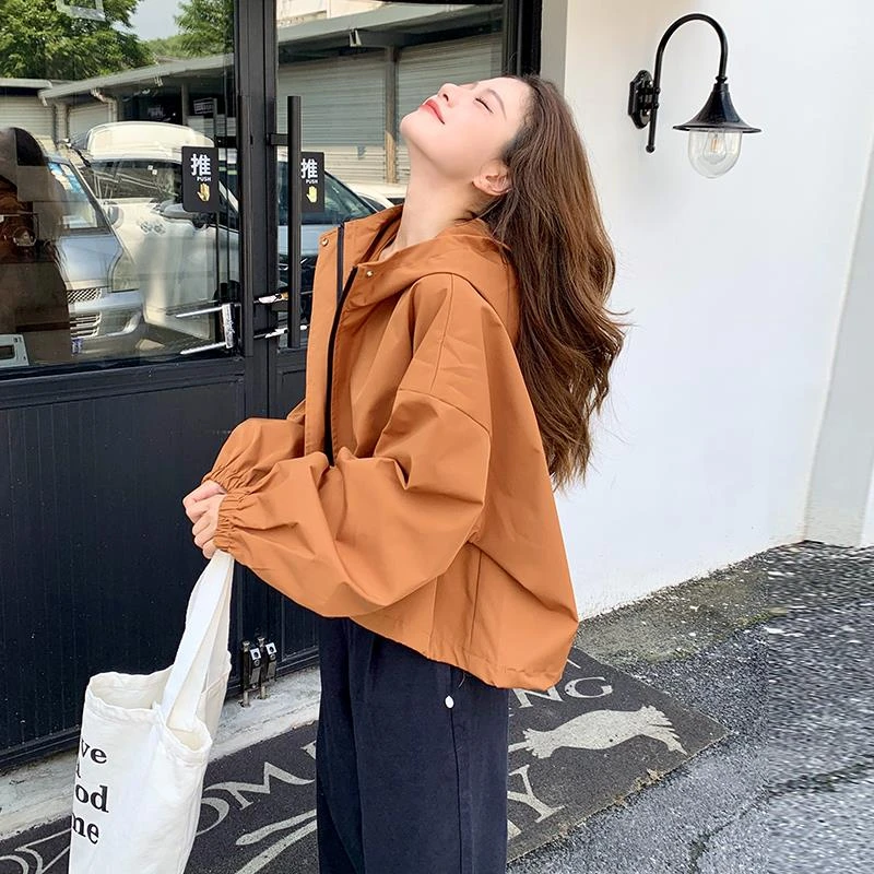 橘色连帽冲锋衣外套女2025春季新款韩系chic别致休闲短款夹克爆款