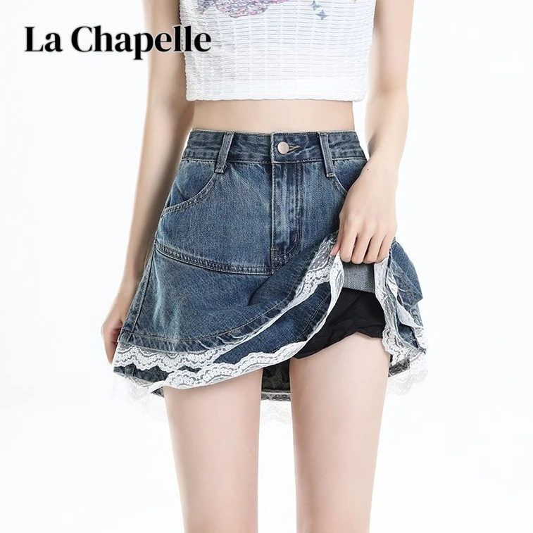 拉夏贝尔白色蕾丝花边蛋糕裙女牛仔半身短裙夏薄款蓬蓬裙假两件裙