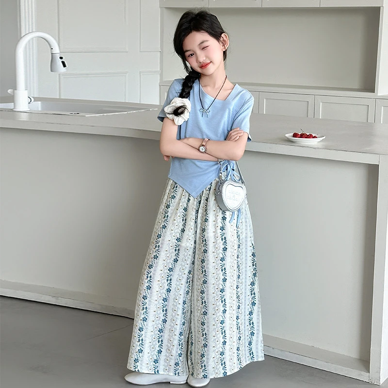 女童夏装套装2025新款洋气时髦儿童短袖T恤女大童休闲裙裤两件套