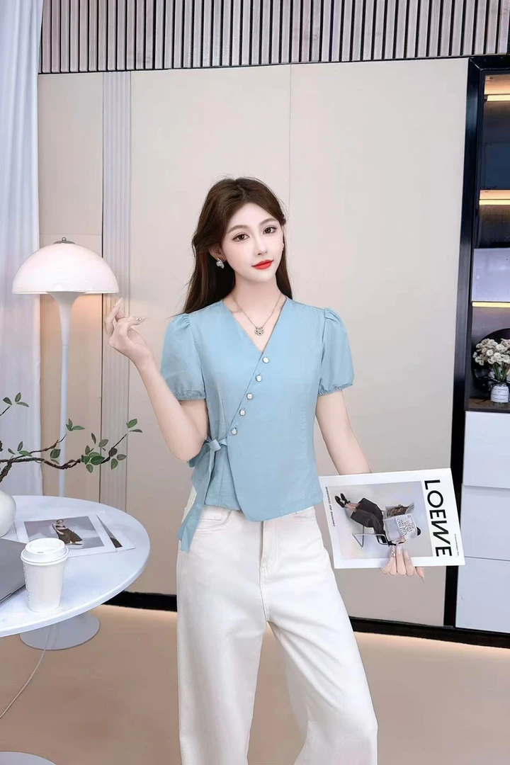 1816高级感不规则收腰绑带衬衫夏季减龄漂亮上衣女