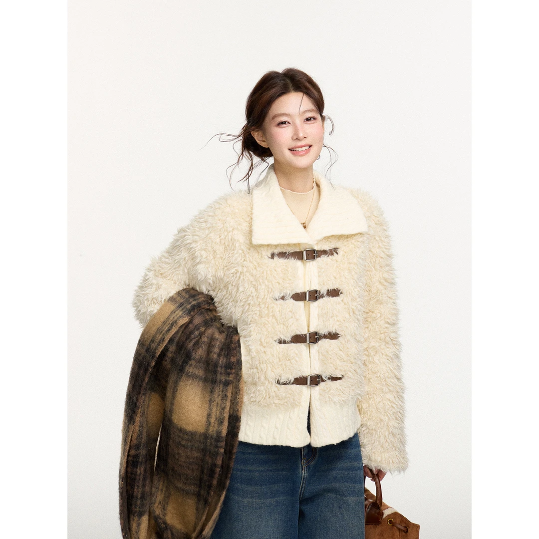 谢不肉 翻领绞花系带毛衣开衫女冬季保暖休闲韩版毛绒外套51164