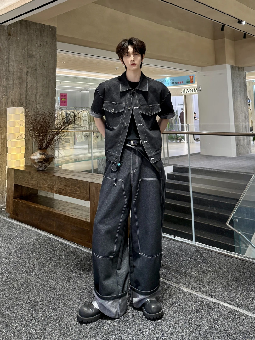 51010 复古水洗牛仔短袖外套宽松休闲设计感直筒阔腿裤时尚套装