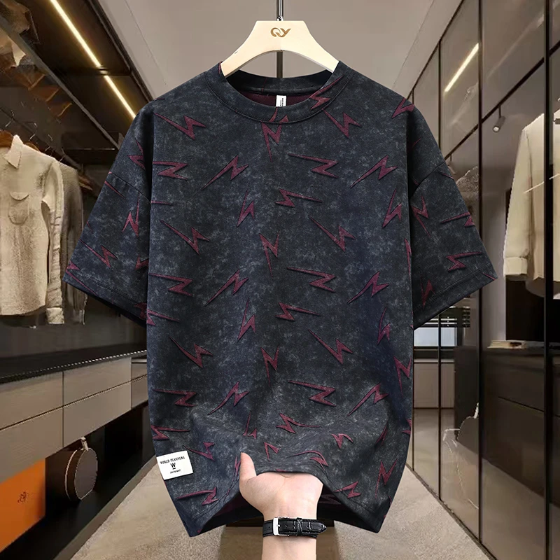 夏季短袖T恤男士闪电破洞时尚圆领百搭宽松半袖上衣休闲潮流个性