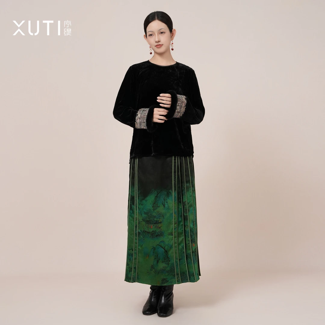 序缇新中式100%桑蚕丝刺绣丝绒上衣女秋季新款百搭H18-21299