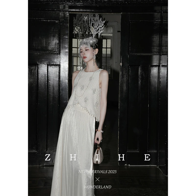 无艳一禾【浮世挽歌】法式珠片绣花水晶流苏两穿背心+闪光皱纱半裙