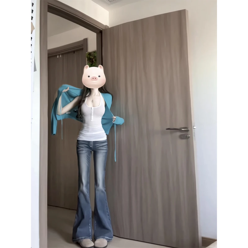 清新甜美圆领修身纯色针织开衫百搭背心外套微喇叭牛仔裤拖地裤子