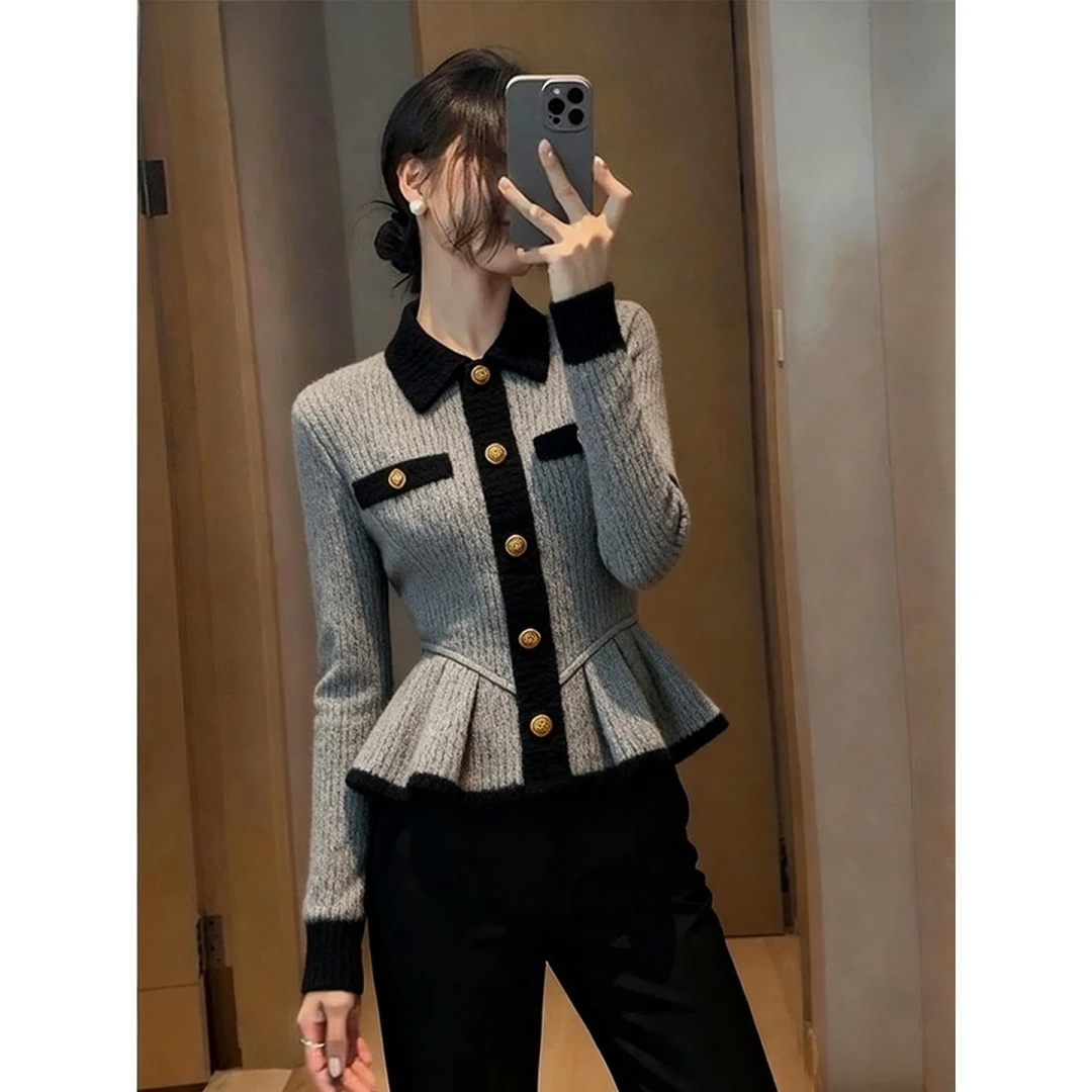 灰色拼接毛衣女秋冬季巨好看轻熟气质小众不撞款掐腰撞色针织外套