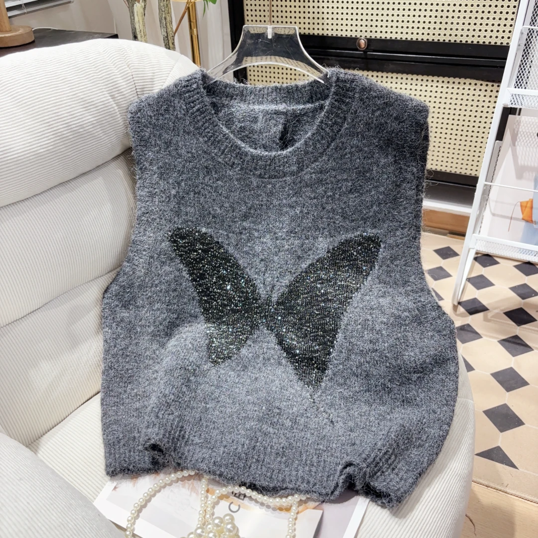 秋冬叠穿无袖毛衣马甲新款蝴蝶亮片后背开叉高级感针织背心女上衣