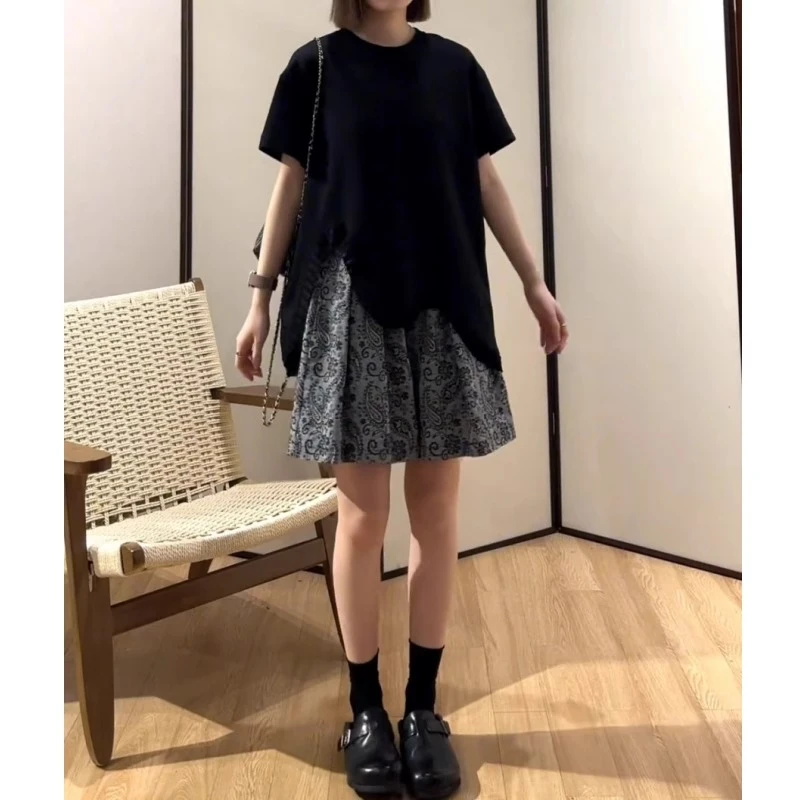 圆领纯色简约T恤+印花短裤套装女2025夏季新款宽松洋气减龄两件套