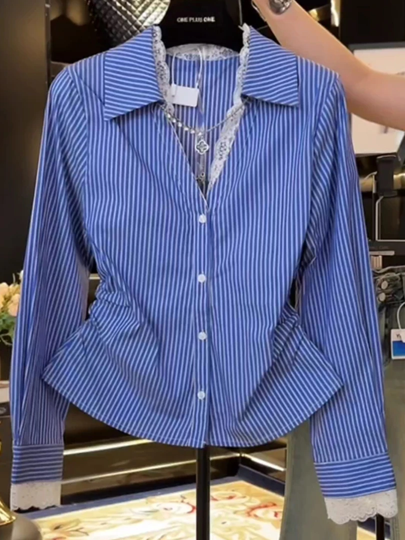 大码女装2025春季新款胖MM衬衫蕾丝花边气质显瘦褶皱条纹长袖衬衣