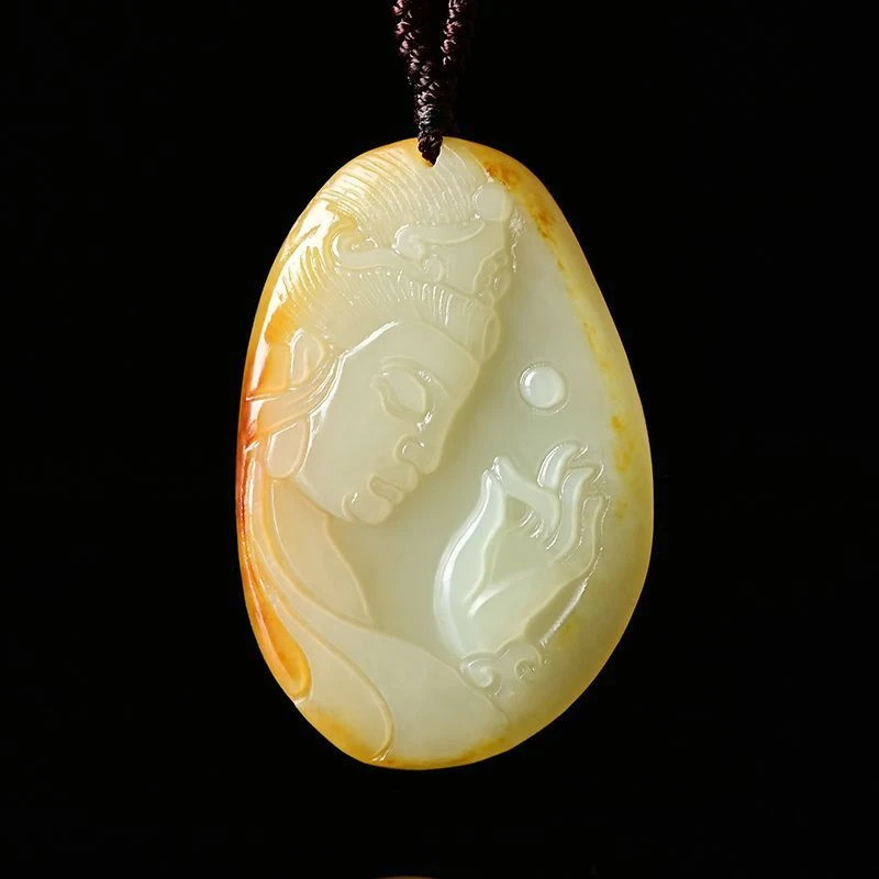 新疆和田玉观音弥勒佛吊坠带皮和田白玉挂件原石玉坠毛衣链