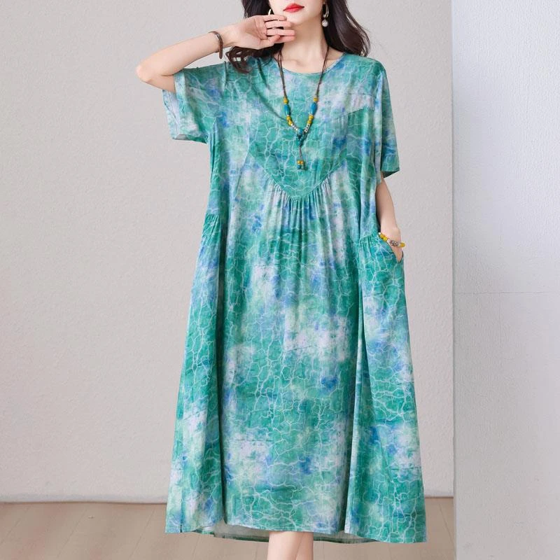 夏季口袋棉绸连衣裙新款复古加肥加大宽松大码印花文艺短袖长裙子