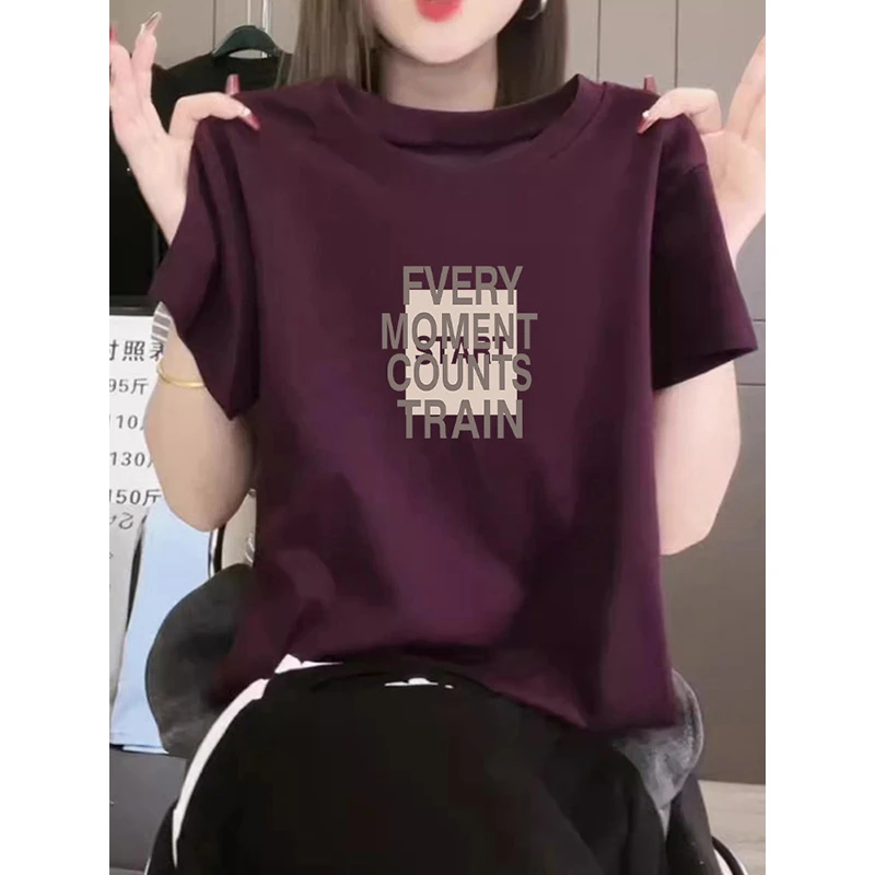 今年新款2025夏季紫色印花短袖T恤女时尚圆领显瘦减龄纯棉上衣ins
