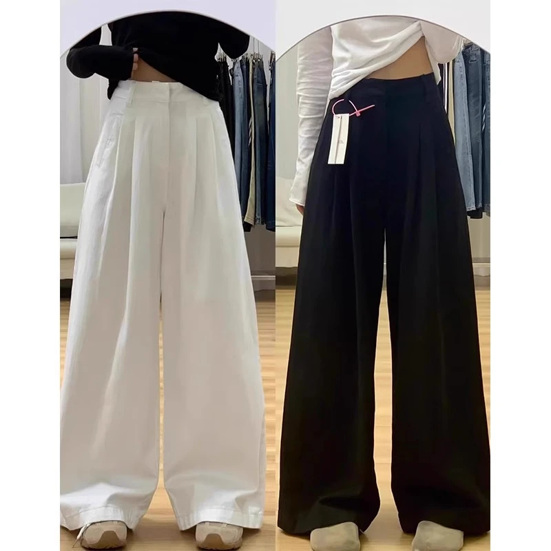 白色棉麻肌理感阔腿长裤宽松大码风向裤胖mm显瘦高腰轻职风休闲裤