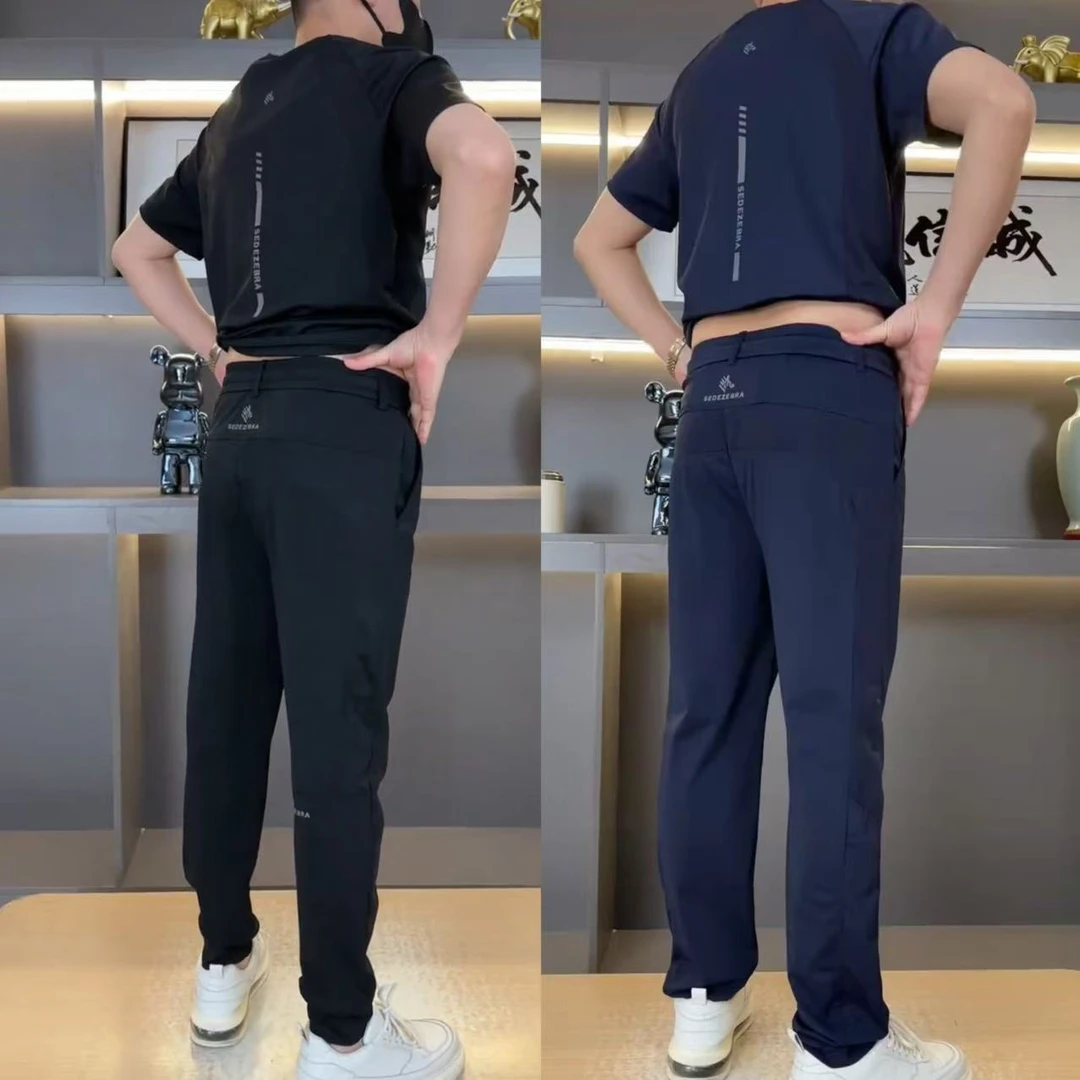 2025夏季新款男士休闲运动套装冰丝空调高弹力短袖裤子百搭两件套