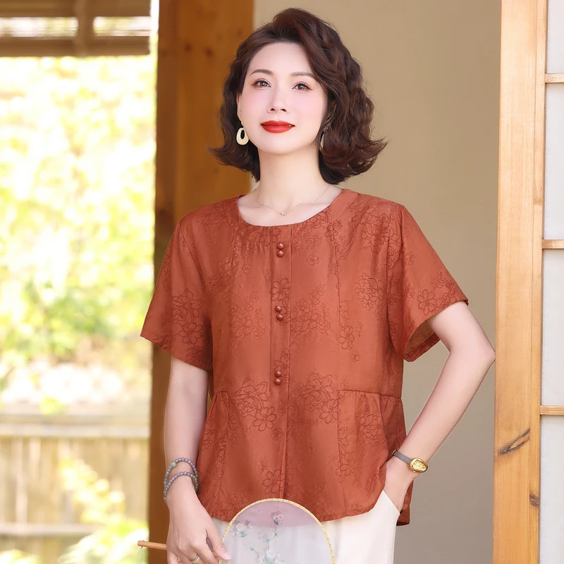 妈妈夏装短袖小衫2025新款中年女装时尚夏季T恤纯色气质上衣
