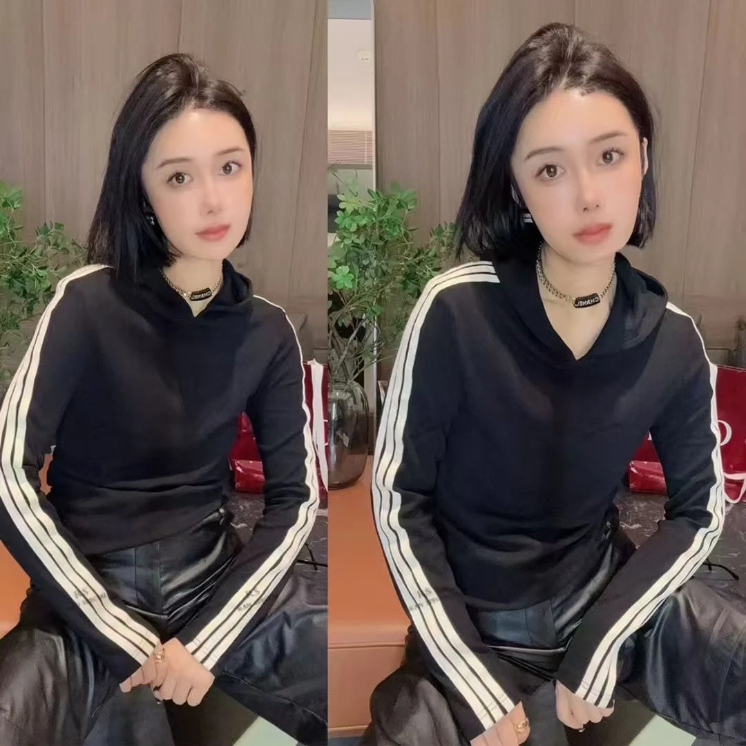 F(黑色)韩版时尚简约连帽竖条显瘦卫衣FC20