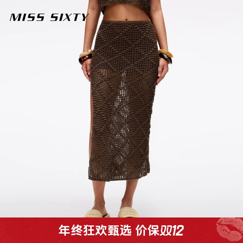 Miss Sixty2025夏季新款半身裙女开衩棉麻钩织菱格度假风配打底裤