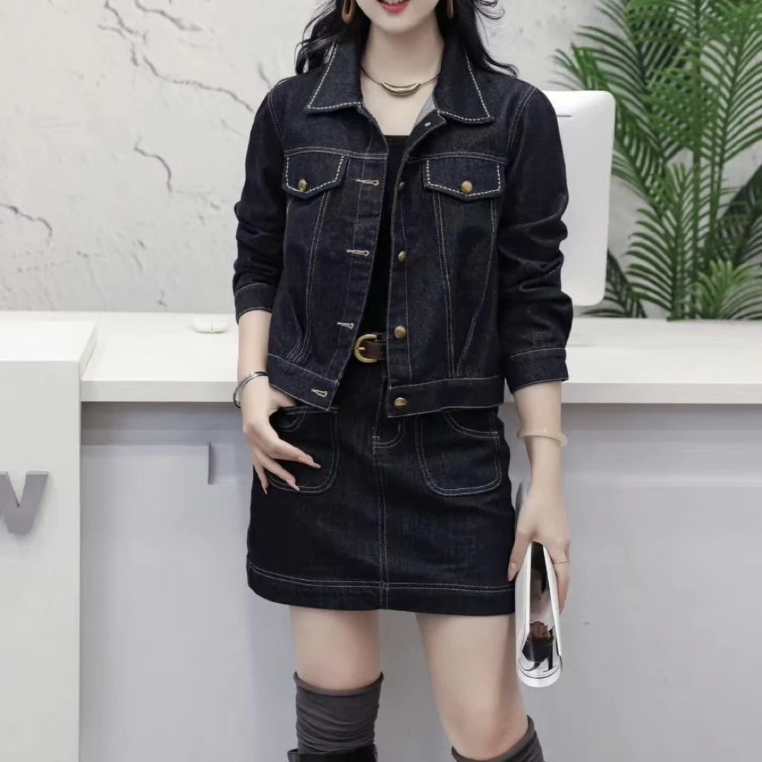 深蓝色短款牛仔外套女春秋装2025新款复古休闲翻领夹克小个子上衣