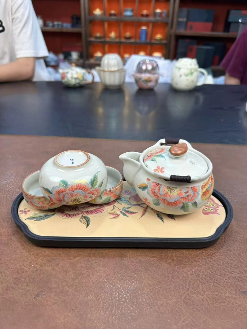 汝窑牡丹一壶三杯带茶盘家用茶具带包