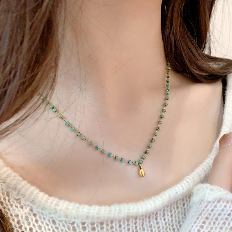 铜合金琉璃项链 串珠项链女18K水滴项链吊坠小众设计锁骨链钛钢