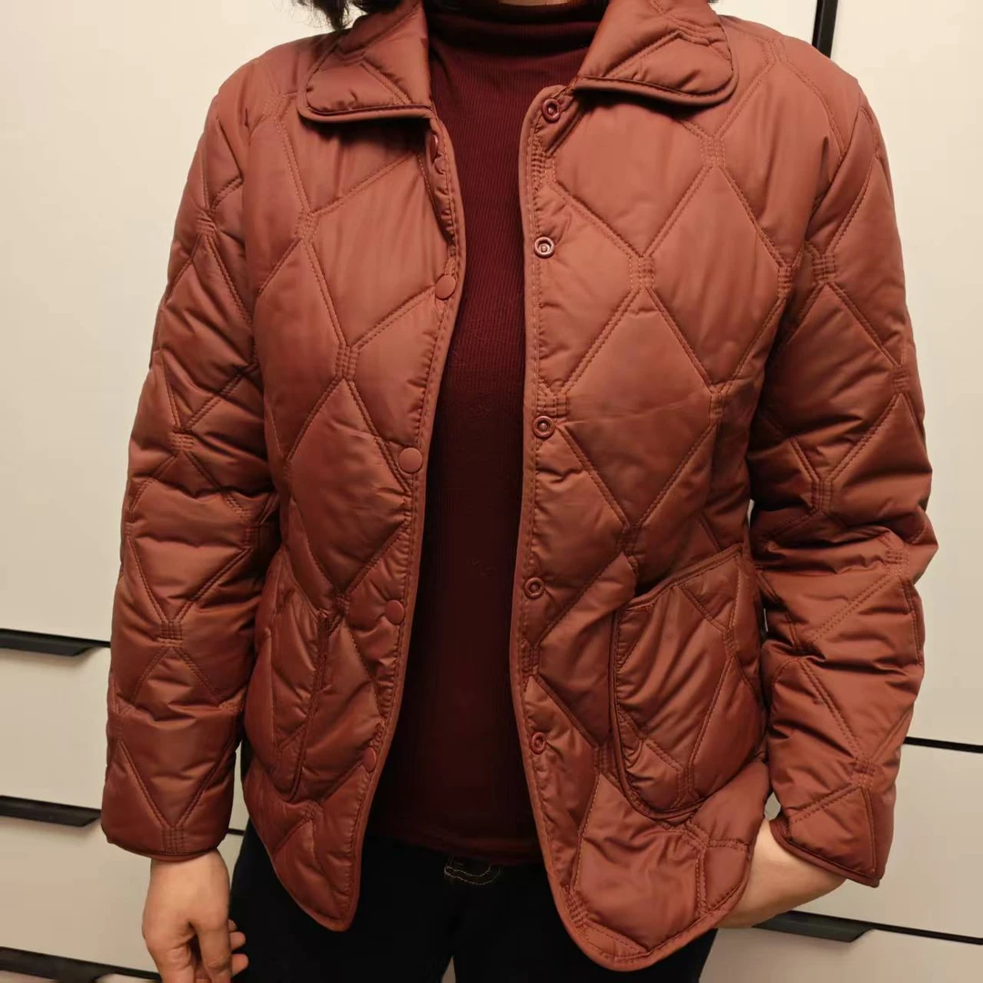 保暖格纹短款女免烫翻领棉服棉衣菱形菱格户外