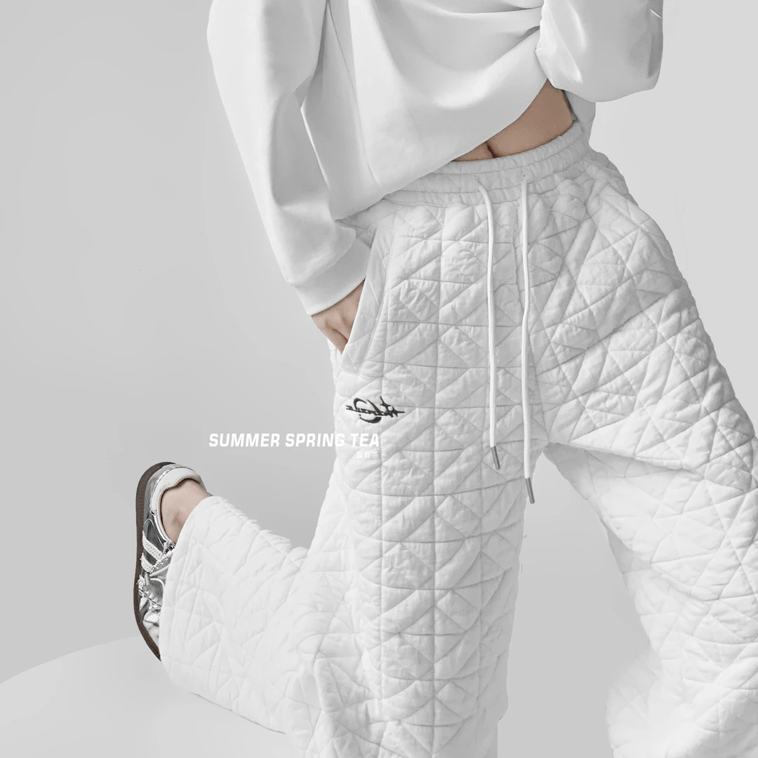 夏春茶纯色夹棉阔腿直筒休闲裤女2024冬季菱格压线宽松拖地棉裤潮