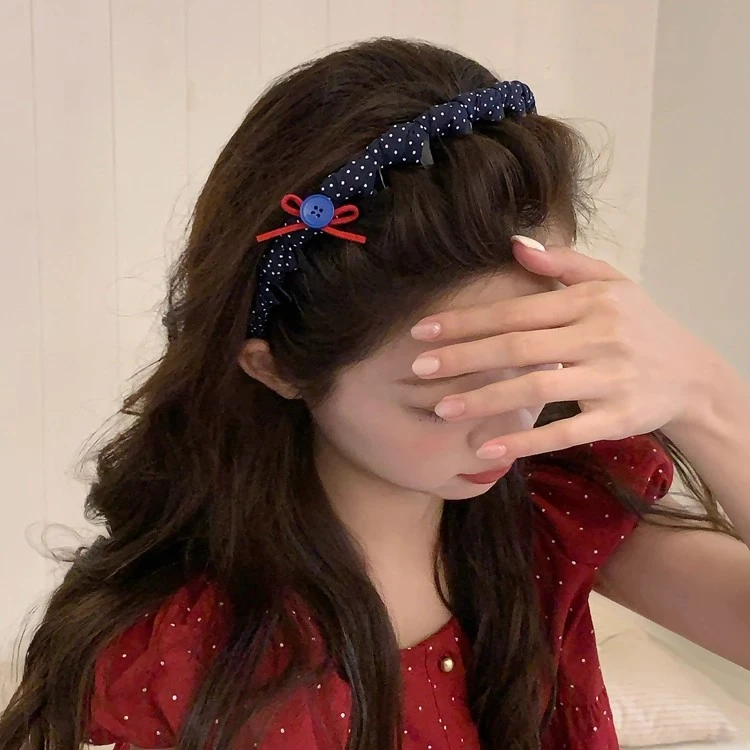 韩系少女藏蓝系波点布艺波浪发箍带齿梳防滑高颅顶头箍外戴发卡