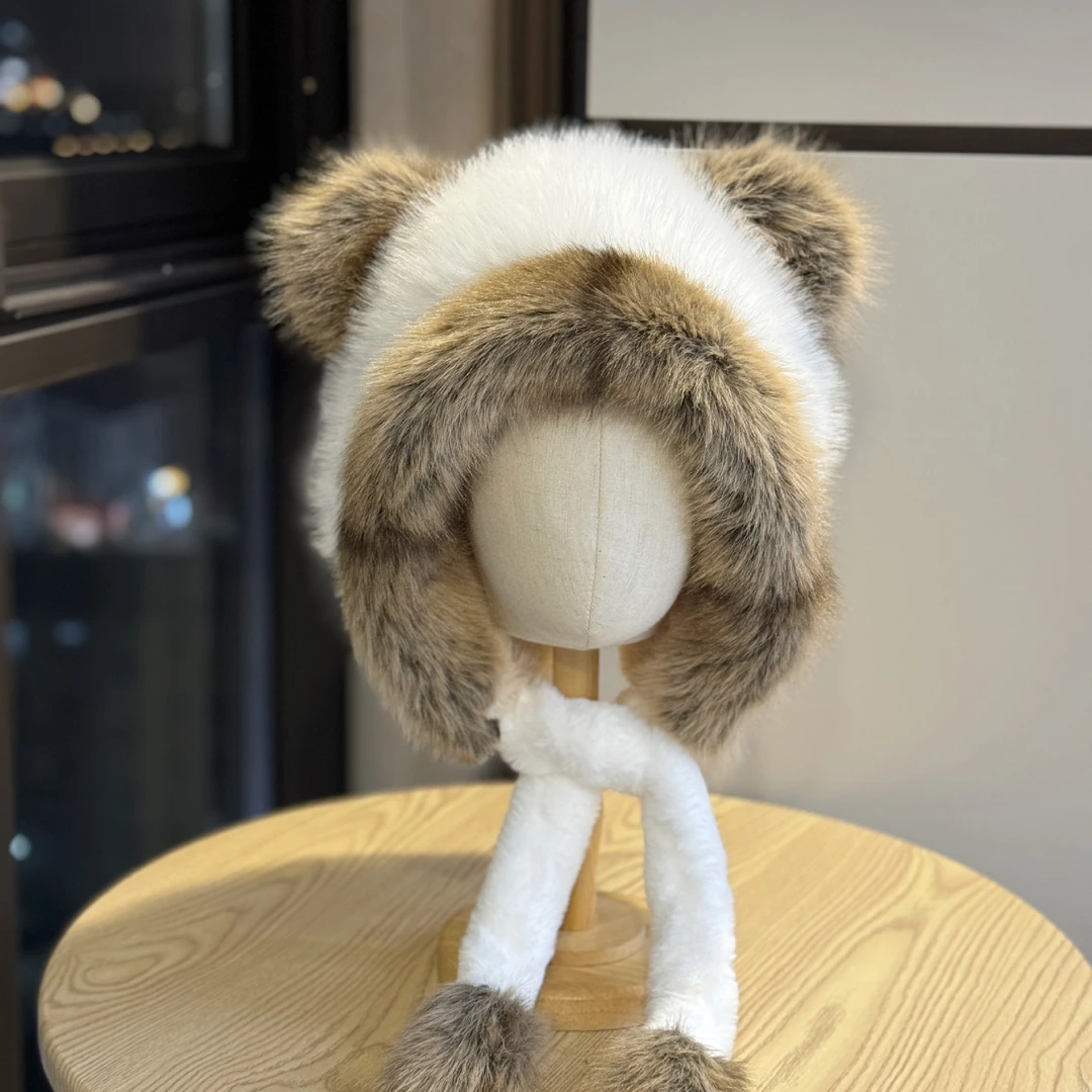 新款可爱小熊耳朵毛绒帽女冬季显脸小保暖加厚防寒护耳女生雷锋帽
