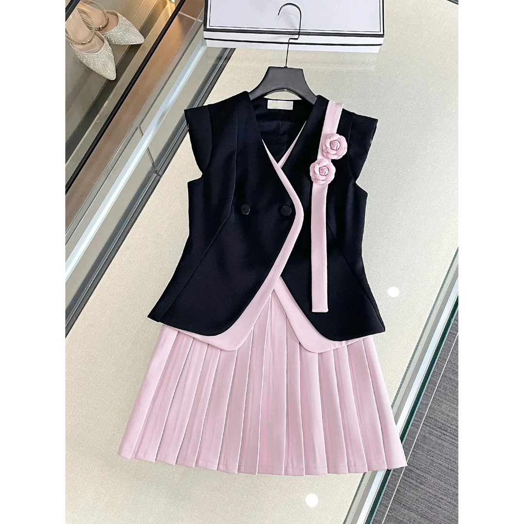 【梦成专属】【甜心可可】夏日绝美高级感减龄小香风马甲百褶裙套装女