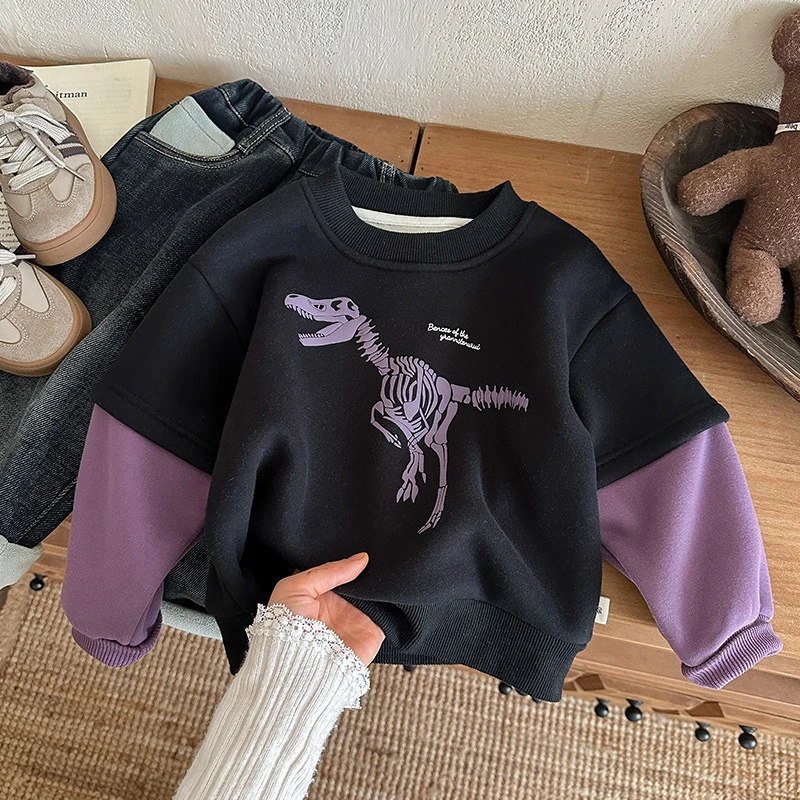 【多多】男童恐龙加绒卫衣童装2025冬季新款韩版男宝宝卡通立体印花