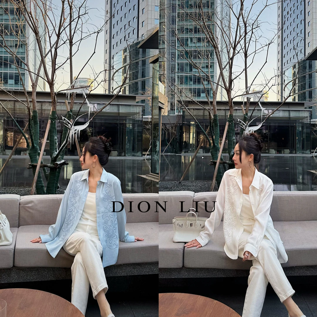 DION LIU｜【浮雕】立体刺绣两色女士衬衫
