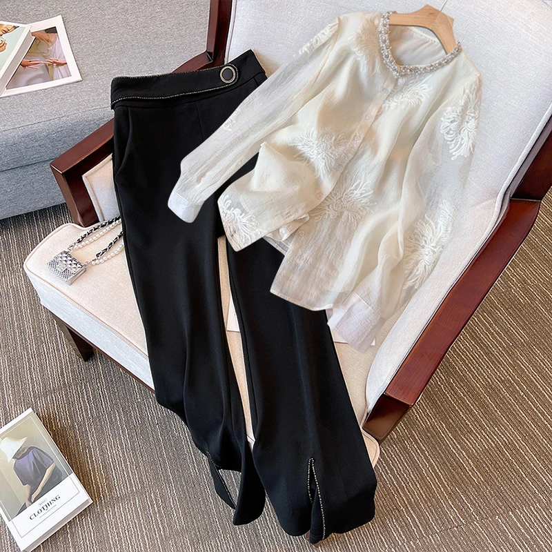 大码女士春秋装洋气时尚时髦套装妈妈新中式国风衬衫微喇裤两件套